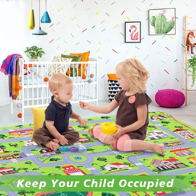 Car Rug Kids Playmat Educational Car Rugs City Life Road Traffic Play Mat for Bedroom Play Room Game Area Non Slip Kids Foam Rug Playtime Activity Mat for Toddler Baby Boys and Girls 3 x 5