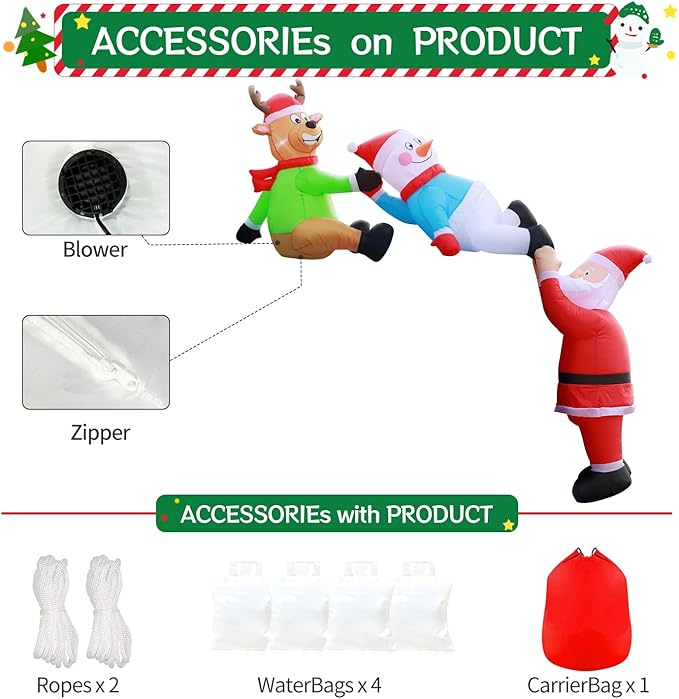 DomKom 8FT Christmas Inflatables Roof Outdoor Decorations, Climbing Santas with Reindeer and Snowman, LED Lights Holiday Blow Up Decoration for Outside Home Windows Eaves