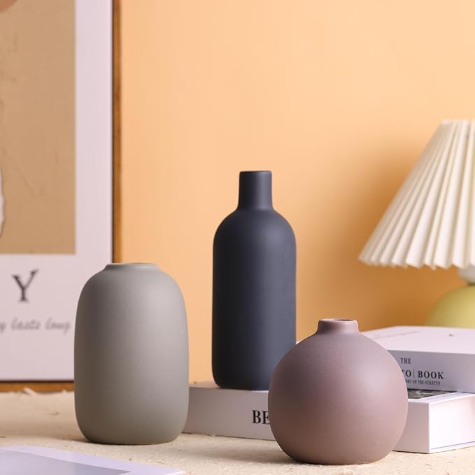 Brown Ceramic Vase Set,Small Vases Home Decor,Fall Décor Modern Farmhouse Vases for Home Decor, Organic Decor Accents for Living Room,Table,Shelf,Entryway,Pottery Vase Set of 3 (Multicolor)