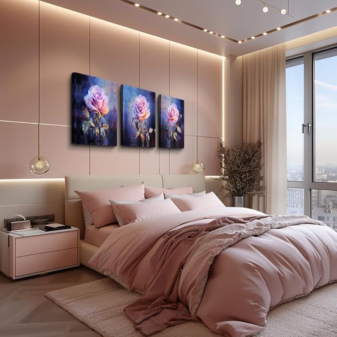 DZRWUBHS Floral Canvas Wall Art Painting Wall Decor for Bedroom Living Room Wall Pictures Modern Office Wall Decorations Rose Flowers Vintage Posters Minimalist Aesthetic Home Decor Artworks 3 Piece