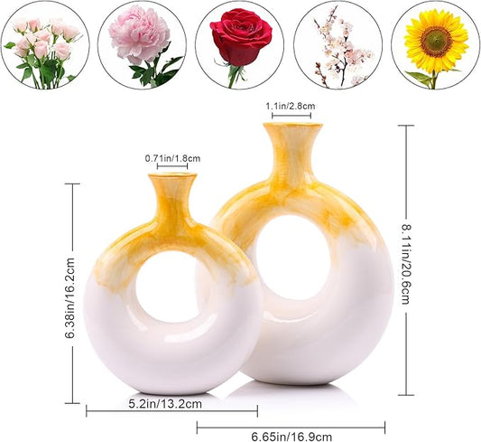 Ceramic Donut Vase Set of 2,Yellow and White Vases for Home Decor,Circle Decorative Vase for Centerpieces,Boho Pampas Vase for Office Wedding Dinner Table Living Room,Modern Flower Vase