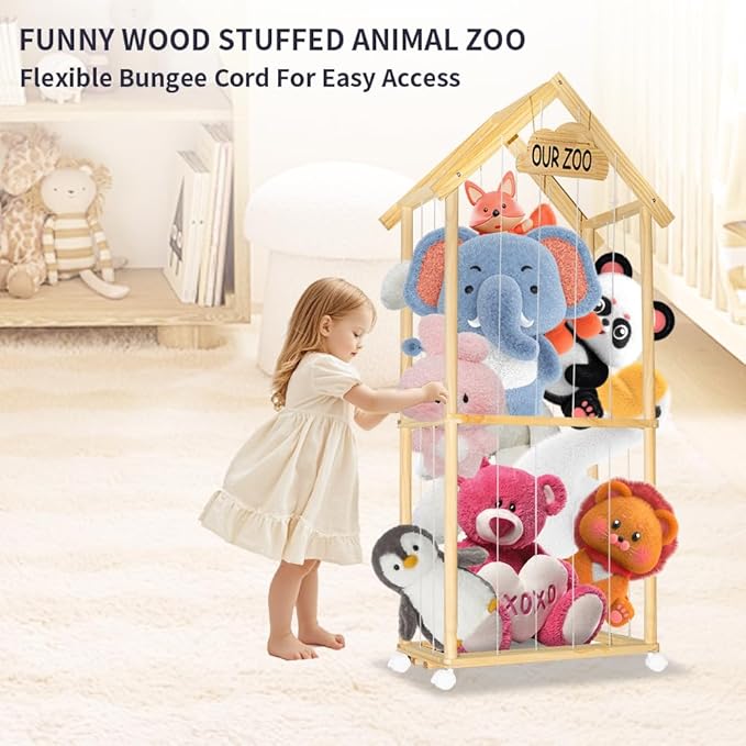 Stuffed Animal Storage Kids Plush Toy Holder Corner Large Stuff Animal Organizer Plushies Storage Creative Zoo Display Wooden Stuffy Storage Cage for Nursery Play Room Bedroom (59 inches in Length)