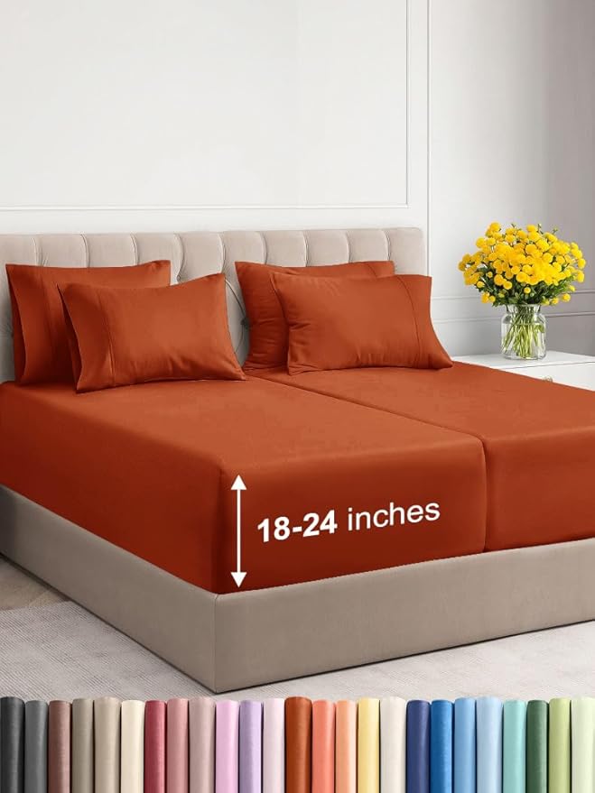 Extra Deep Split King Sheet Set - 7 Piece Breathable & Cooling Sheets - Hotel Luxury Bed Sheets Set - Easy Fit - Soft, Wrinkle Free & Comfy Sheets Set - Terracotta Sheet Set with Extra Deep Pockets