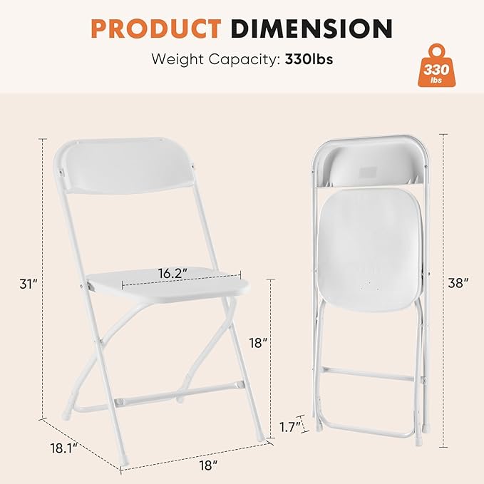 Sweetcrispy Folding Chair 8 Pack, Plastic Foldable Chairs with 330-Pound Capacity, Sturdy Metal Portable Chair, Easy to Use and Store, Outdoor and Indoor, for Home, Office, Party, Comfy, White