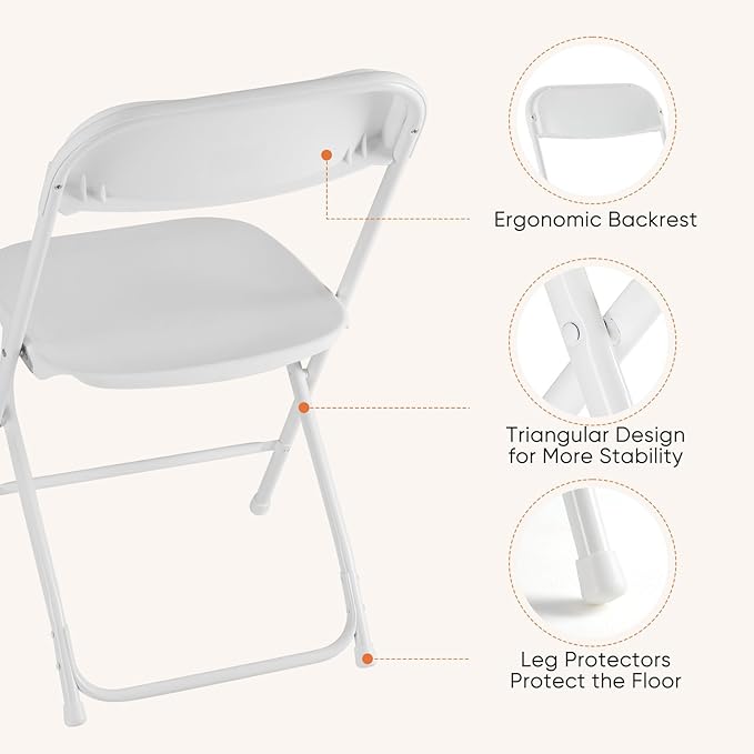 Sweetcrispy Folding Chair 10 Pack, Plastic Foldable Chairs with 330-Pound Capacity, Sturdy Metal Portable Chair, Easy to Use and Store, Outdoor and Indoor, for Home, Office, Party, Comfy, White