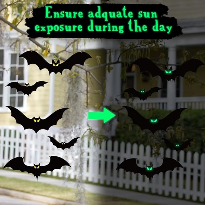 16Pcs Halloween Hanging Bats Decorations Outdoor, Large Flying Bats with Glowing Eyes for Halloween Tree Hanging Decorations Outside…