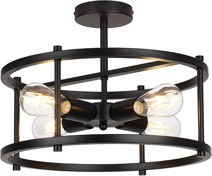 16" Semi Flush Mount 4-Light Industrial Ceiling Light, Black Chandelier for Kitchen, Dining Room, Entryway, Bedroom, Living Room