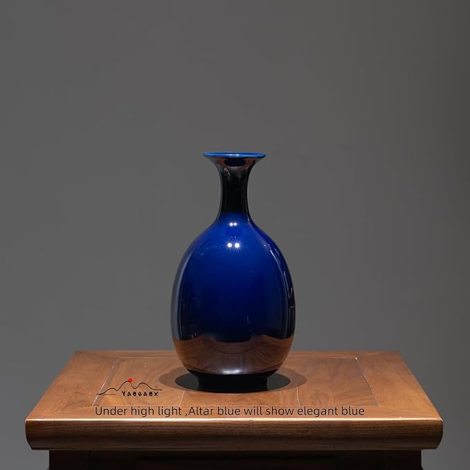 Altar Blue Ceramic Vase with Dried Flowers, Handmade in Jingdezhen for Modern Home Decor Office Bookshelf Tables Living Room Bedroom Shelf Decor Entryway Dry Flower Arrangement Ornament