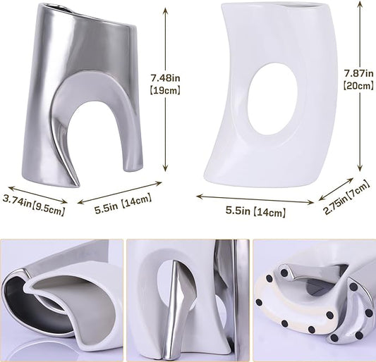 White and Silver Vase Set of 2, Nordic Modern Ins Style Vases, Boho Ceramic Vases for Centerpieces, Mid Century Abstract Donut Vase, Unique Funky Vase for Wedding, Decorative Pampas Grass Vase Decor