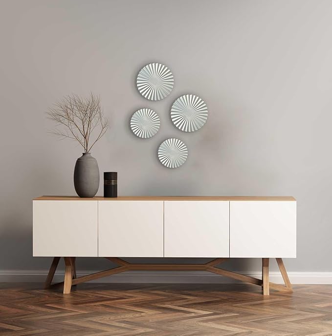 ITrixgan Metal Wall Art Decor Set - Sunburst Metal Art, Silver Accents For Living Room - Set of 4