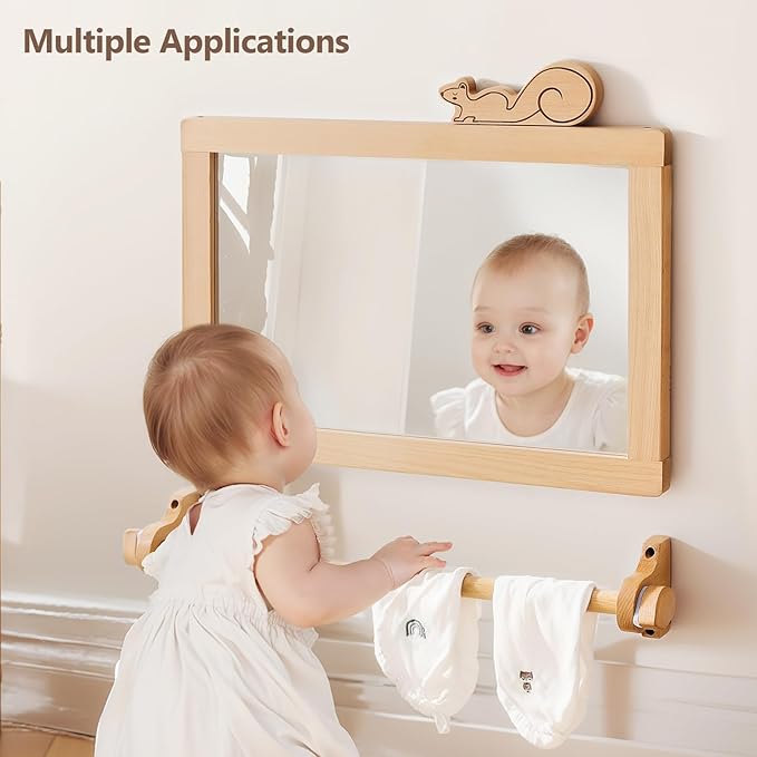 HI BABY MONMENT Montessori Mirror with Bar, Detachable Wooden Frame, Non-Shatter Safety, Wall Mount, Baby Mirror