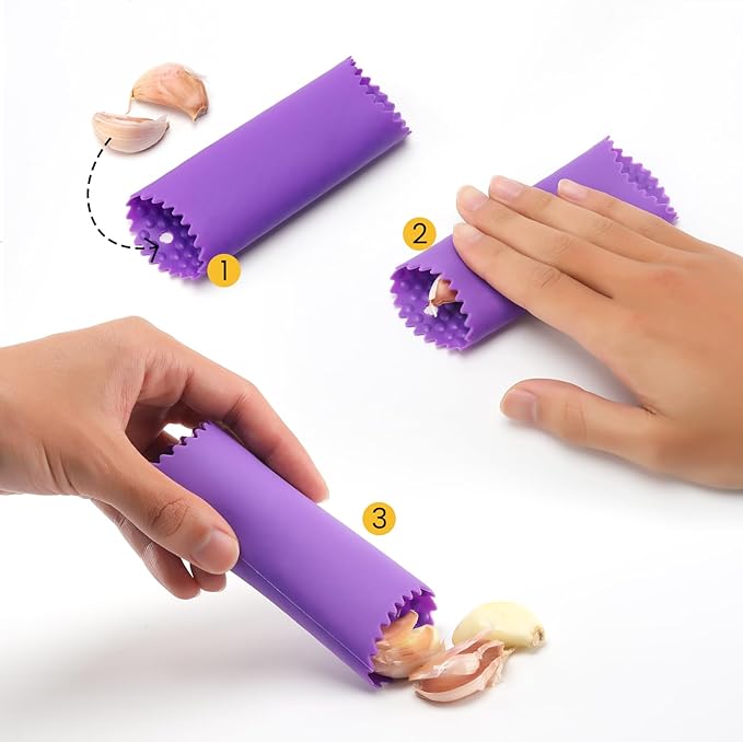 Garlic Press Mincer, 304 Stainless Steel Garlic Press with Garlic Peeler Tube, Heavy Duty Metal Ginger Press, Purple