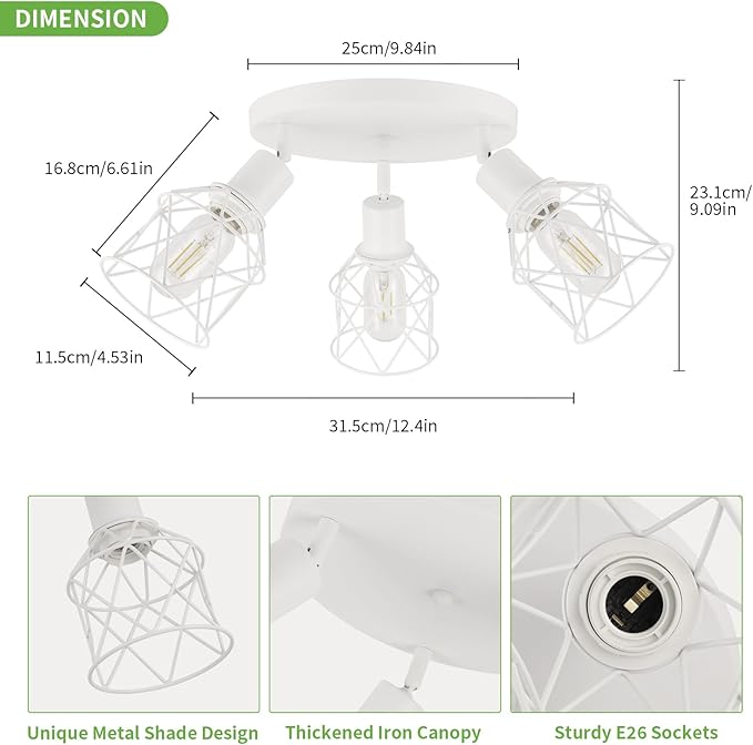 WILON Flush Mount Ceiling Light, Kitchen Lighting Fixtures 3-Light Semi Flush Mount Light, Multi-Directional White Ceiling Track Lighting for Kitchen Hallway Dining Room Entryway(E26 Base)