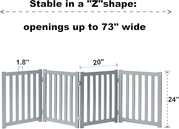 LZRS 4-Panel Wooden Free Standing Foldable Dog Gate – 24" High, Extra Wide Step-Over Safety Pet Gate for Doorways, Stairs, Hallways, Large Spaces & Playpen for Puppies Indoor Use, Grey