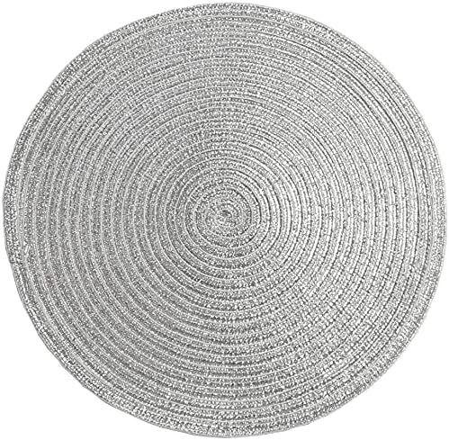 SHACOS Silver Glitter Round Braided Placemats Set of 8 Sparkle Bling Washable 15 inch Round Table Mats Woven Place Mats for Dining Table (Silver, 8)