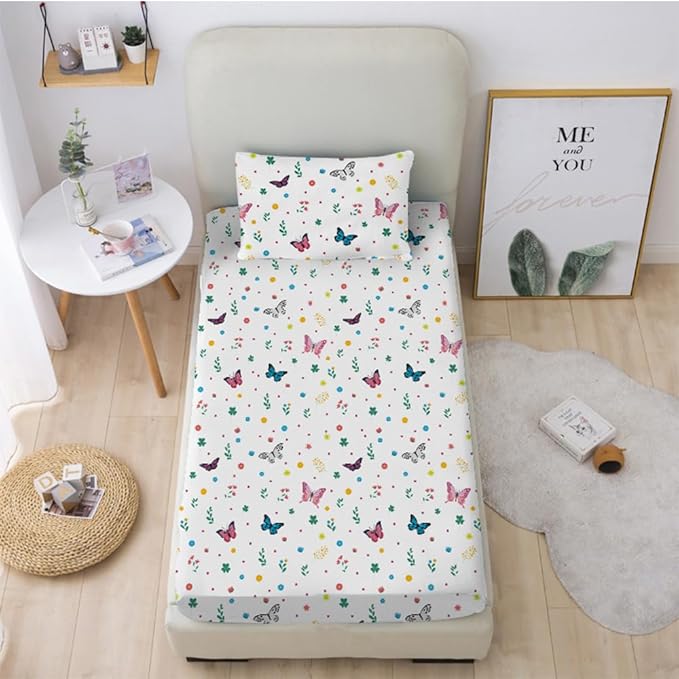 Kids Butterfly Fitted Sheet Set Full for Girls Teens Colorful Flowers Pattern Bed Sheet 2 Piece 3D Print Dreaming Style Sheet Set