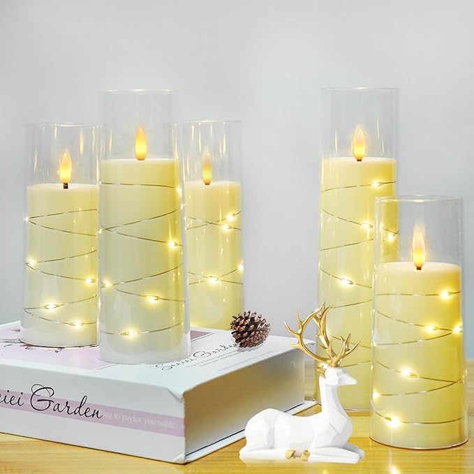 Flameless LED Candles with Timer 5 Pc Flickering Flameless Candles for Romantic Ambiance and Home Decoration Stable Acrylic Shell,with Embedded Star String,Battery Operated Candles(Ivory)