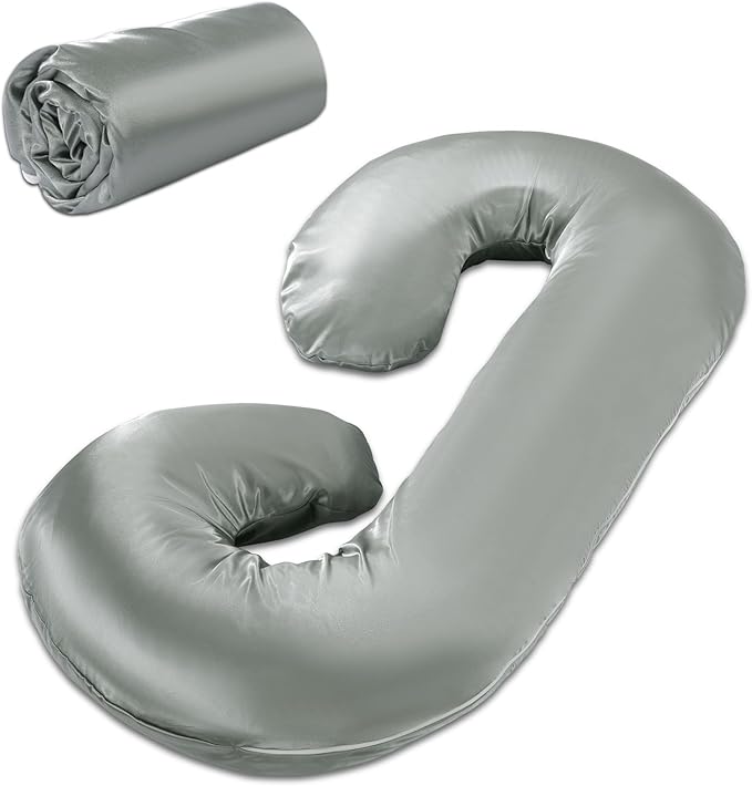 HOMBYS Silky Satin Pregnancy Pillow Cover (ONLY Pillowcase), Luxurious Smooth Maternity Pillow Cover, C Shaped Soft & Breathable Large Pillow Protector for Side Sleeper, 60.2" L x 34.2" W, Dark Grey