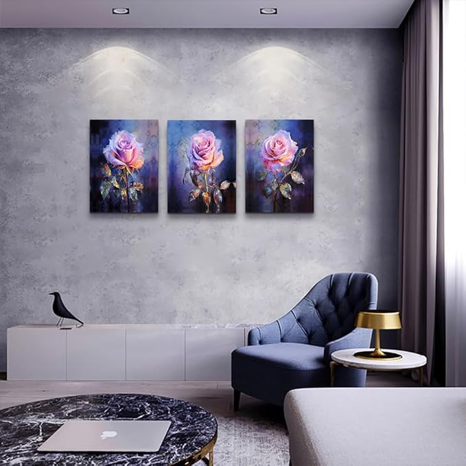 DZRWUBHS Floral Canvas Wall Art Painting Wall Decor for Bedroom Living Room Wall Pictures Modern Office Wall Decorations Rose Flowers Vintage Posters Minimalist Aesthetic Home Decor Artworks 3 Piece