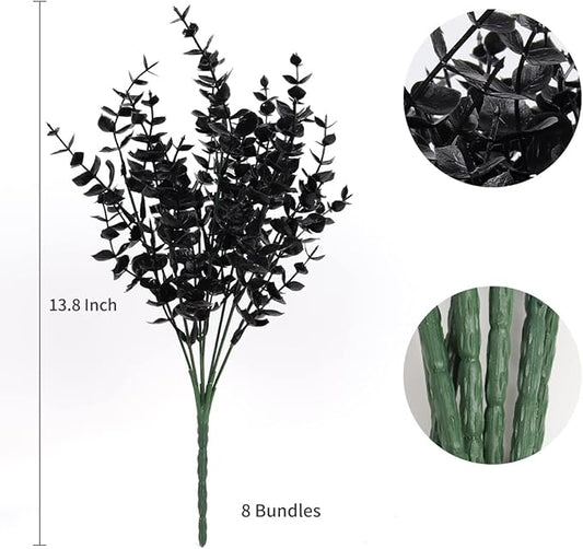 RECUTMS Black Artificial Flowers, Fake Outdoor UV Resistant Plants Faux Plastic Greenery Shrubs Indoor Outside Hanging Planter Halloween Flower Decoration, Garden Decor (Black Eucalyptus)
