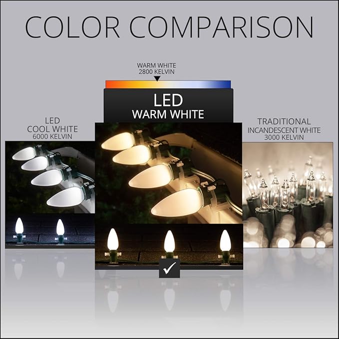 100 ft C9 Warm White OptiCore LED Commercial Outdoor Christmas Lights – Heavy Duty on Green Wire (100 Lights, Smooth/Opaque Bulbs)