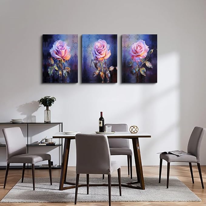 DZRWUBHS Large Canvas Wall Art Painting Wall Decor for Bedroom Living Room Rose Flowers Wall Pictures Modern Office Floral Wall Decorations Farmhouse Minimalist Vintage Posters Ready To Hang 3 Piece