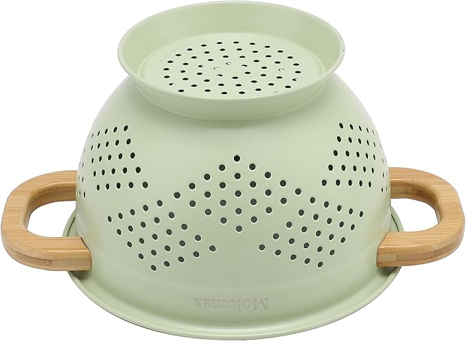 Metal Colander with Wood Handle | Set of 3 with Bamboo Handles | 1.5Q, 3Q, 5Q (Sage Leaf Green)