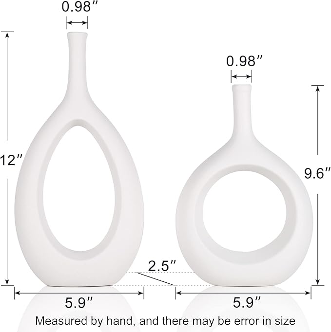 White Ceramic Vase Set 2,Modern Hollow Circle with Hole Flower Vase for Home Decor,for Table Centerpieces,Farmhouse,Fire Place,Living Room,Bedroom,Office,Bookshelf,Rustic Decor