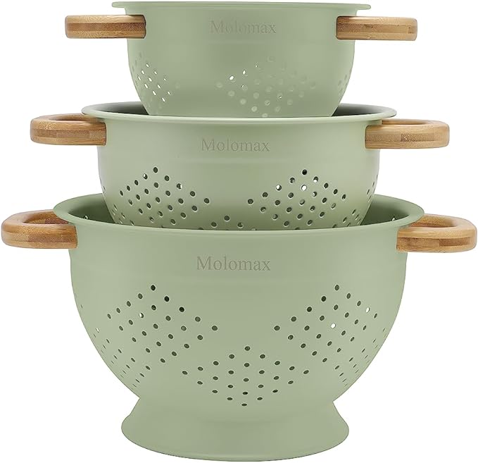 Metal Colander with Wood Handle | Set of 3 with Bamboo Handles | 1.5Q, 3Q, 5Q (Sage Leaf Green)