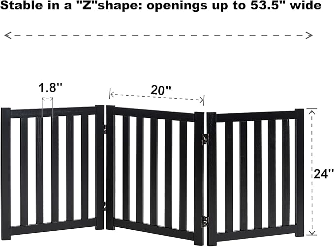 LZRS 3-Panel Wooden Free Standing Foldable Dog Gate – 24" High,Step-Over Safety Pet Gate for Doorways, Stairs, Hallways, Indoor Dog Barrier for Small to Medium Dogs & Puppies, Black