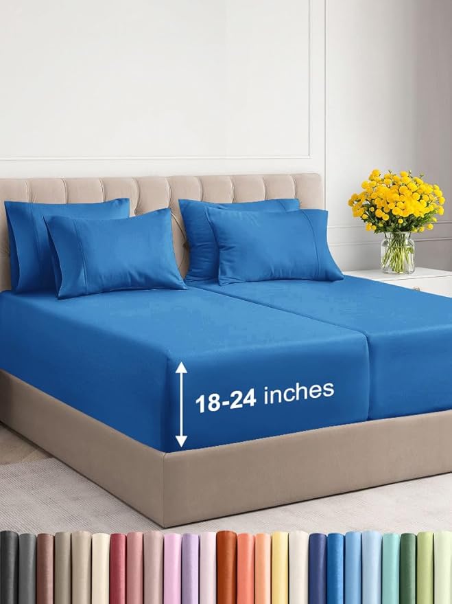 Extra Deep Split King Sheet Set - 7 Piece Breathable & Cooling Sheets - Hotel Luxury Bed Sheets Set - Easy Fit - Soft, Wrinkle Free & Comfy Sheets Set - Royal Blue Sheet Set with Extra Deep Pockets