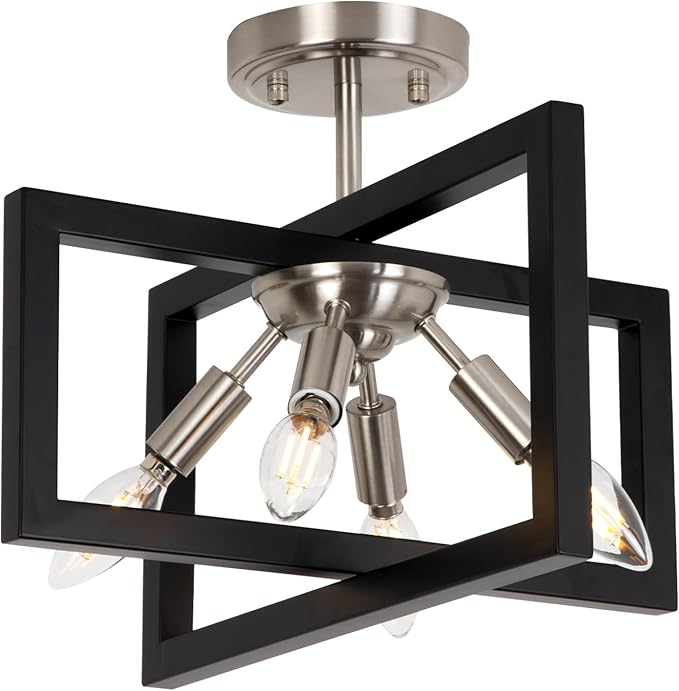 Semi-Flush Mount Ceiling Light - Modern Industrial Light Fixture Black and Brushed Nickel Chandelier,4-Light Farmhouse Ceiling Lamp for Kitchen Foyer Entryway Hallway Bedroom Closet