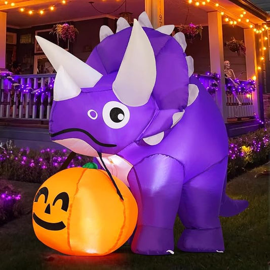 GOOSH 5 FT Width Halloween Inflatables Dinosaur Outdoor Decorations Blow Up Yard Dinosaur with Pumpkin with Built-in LEDs for Garden Lawn Indoor Party Decor