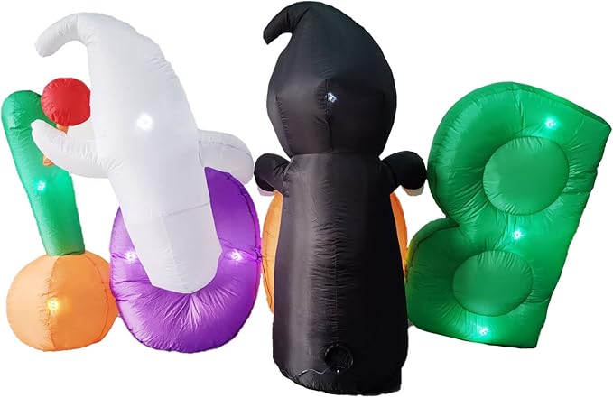 Haunted Hill Farm 8-ft. Wide Reaper and Ghost Boo Sign Blow Up with Lights, Outdoor Halloween Inflatable Decoration for Lawn and Yard, Giant Spooky Holiday Decor