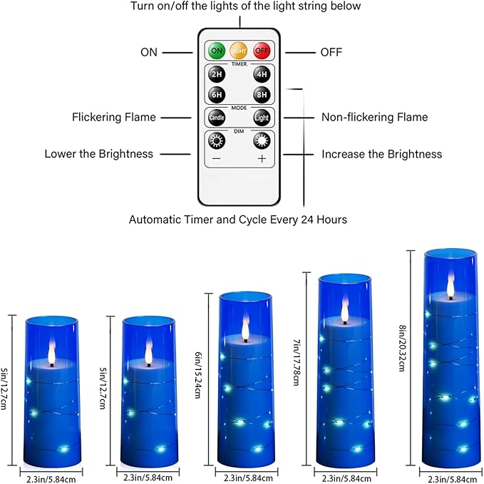 Flameless LED Candles with Timer 5 Pc Flickering Flameless Candles for Romantic Ambiance and Home Decoration Stable Acrylic Shell,with Embedded Star String,Battery Operated Candles(Blue)