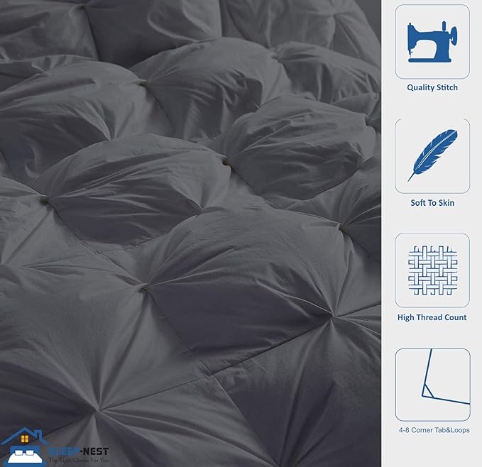 SLEEP-NEST Twin XL Comforter - 68x92 Ultra Soft All-Season Pinch Pleat 1 Piece Blanket - Elegant Pintuck Design Down Alternative Quilt - Lightweight, Cooling Dorm Bedding with 8 Tabs - Dark Grey