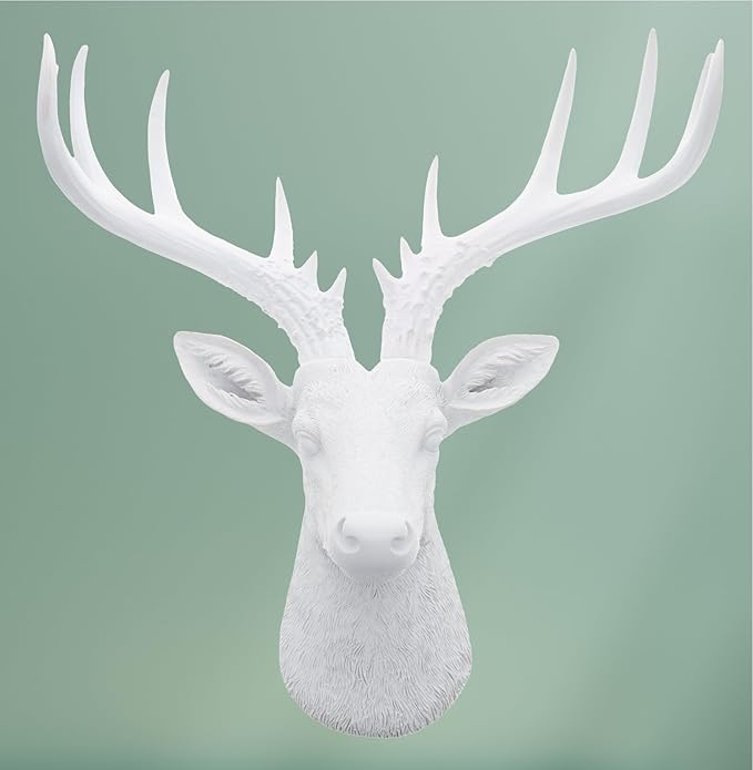 Top Brass 12 1/2" Faux White Deer Head/White Antlers Wall Decor - Modern Minimalism Taxidermy Art Sculpture