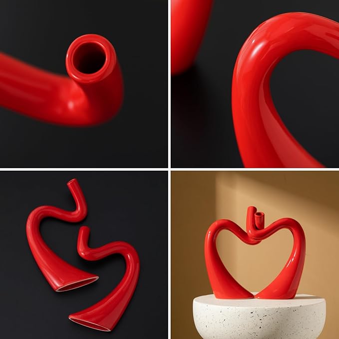 Red Hollow Ceramic Vases for Home Decor, Love Heart Snuggle Vase Set of 2, Modern Nordic Aesthetic Decorative Vase for Table Centerpiece Wedding Decoration (W 11.8" X H 9.8")