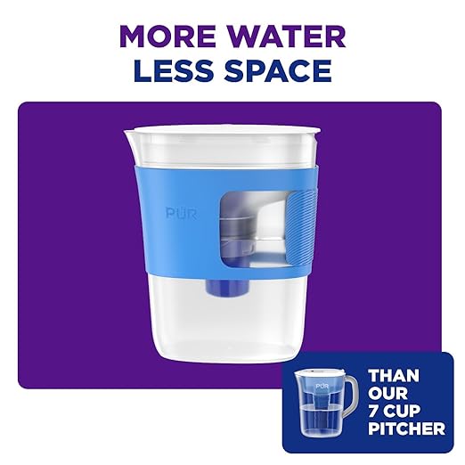 PUR Water Filter Pitcher Slim Design 8 Cup Capacity with 1 Filter, Dishwasher Safe, Faster Filtration, Water Purifier for Cleaner, Great Tasting Water, Ideal for Compact Space, Dorm Room, Tangerine