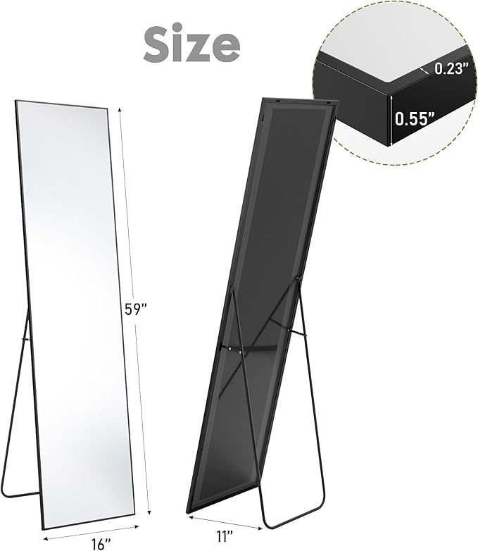 Sweetcrispy 59"x16" Full Length Mirror, Standing or Leaning Full Body Mirror with Aluminum Alloy Thin Frame, Suitable for Bedroom or Cloakroom,Black