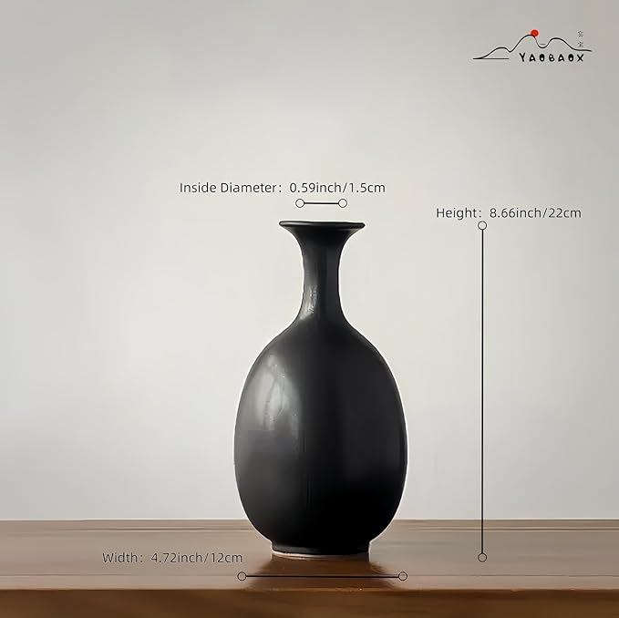 Black Ceramic Vase with Dried Flowers, Handmade in Jingdezhen, for Modern Home Decor Office Bookshelf Tables Living Room Bedroom Shelf Decor Entryway Dry Flower Arrangement Ornament