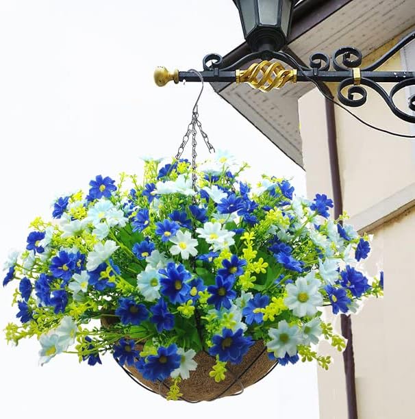 Artificial Faux Hanging Plants Flowers Basket for Summer Autumn Outdoor Outside Porch Decoration, Fake Silk Colorful Daisy Eucalyptus UV Resistant Look Real for Home Patio Balcony Yard