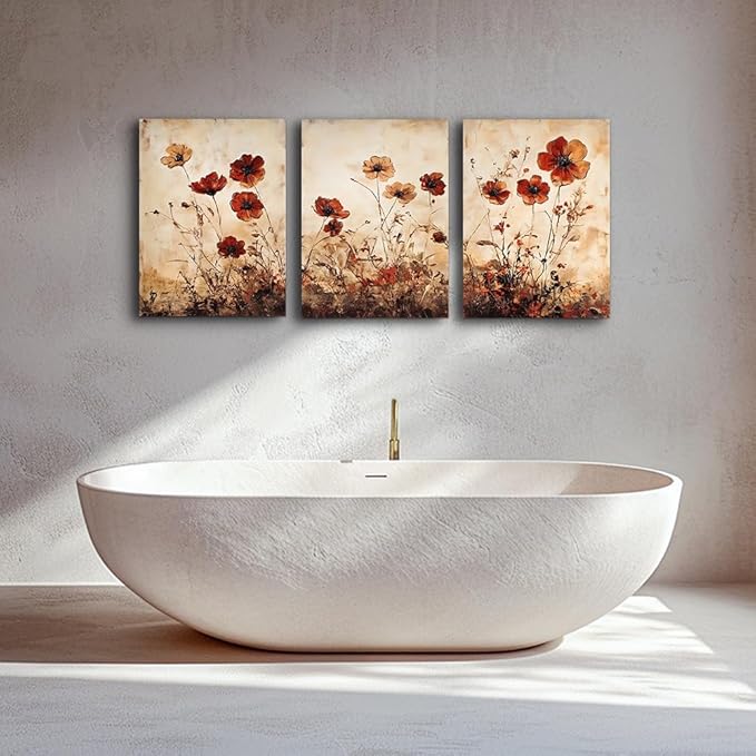 DZRWUBHS Boho Wall Art For Living Room Minimalist Wall Decor For Bedroom Vintage Flowers Pictures Office Decorations Bathroom Canvas Prints Modern Aesthetic Home Decor Artwork 3 Piece Ready To Hang