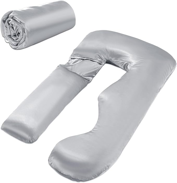 HOMBYS Silky Satin Pregnancy Pillow Cover (ONLY Pillowcase), Luxurious Smooth Maternity Pillow Cover, U Shaped Soft & Breathable Large Pillow Protector for Side Sleeper, 58.6" L x 30.9" W, Light Grey