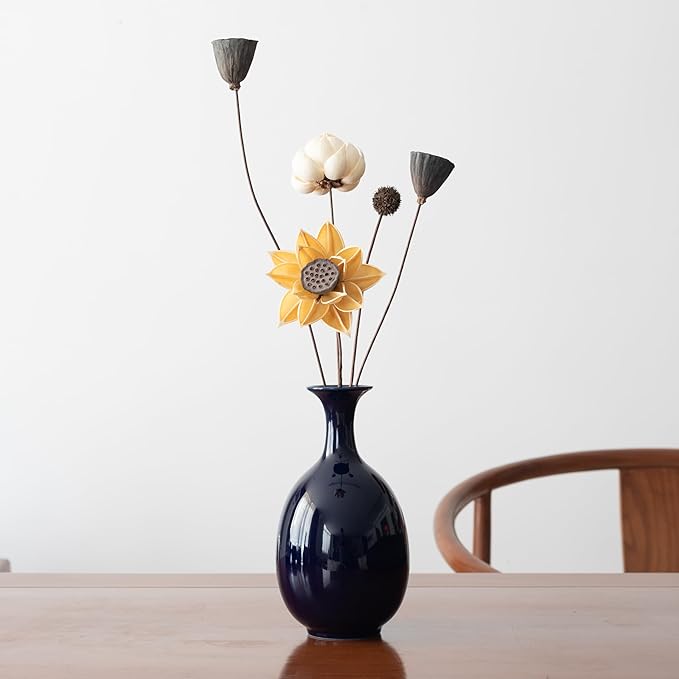 Ceramic Vase Handmade for Modern Home Decor Office Bookshelf Tables Living Room Bedroom Shelf Decor Entryway Dry Flower Arrangement Ornament (Altar Blue Without Flowers)