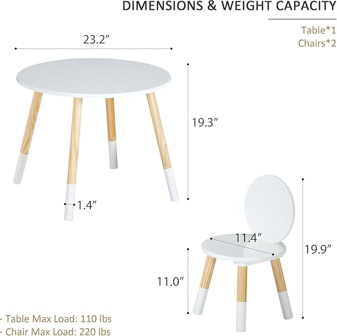 VECELO Kids Table and Chairs 3 Piece Set, Wooden Children Activity Furniture for Playroom and Classroom, Easy Assembly, White