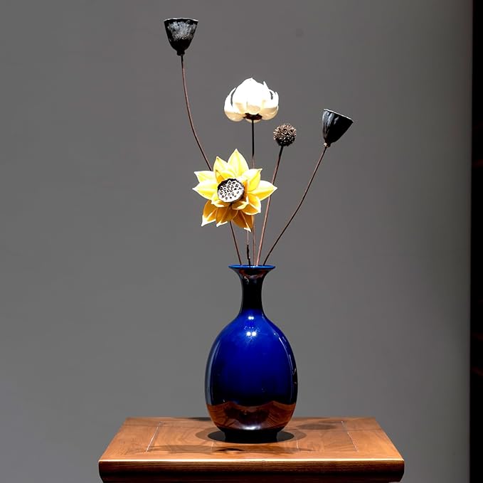 Altar Blue Ceramic Vase with Dried Flowers, Handmade in Jingdezhen for Modern Home Decor Office Bookshelf Tables Living Room Bedroom Shelf Decor Entryway Dry Flower Arrangement Ornament