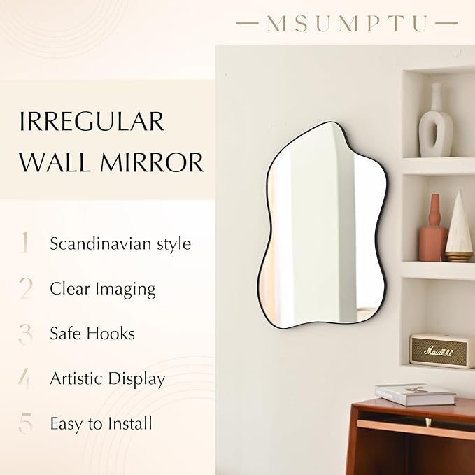 Irregular Wall Mirror Black Wave Shaped Matel Framed Wall Mirror for Bathroom Bedroom Entryway Living Room Wall Decor 28" L x 20" W 2304B