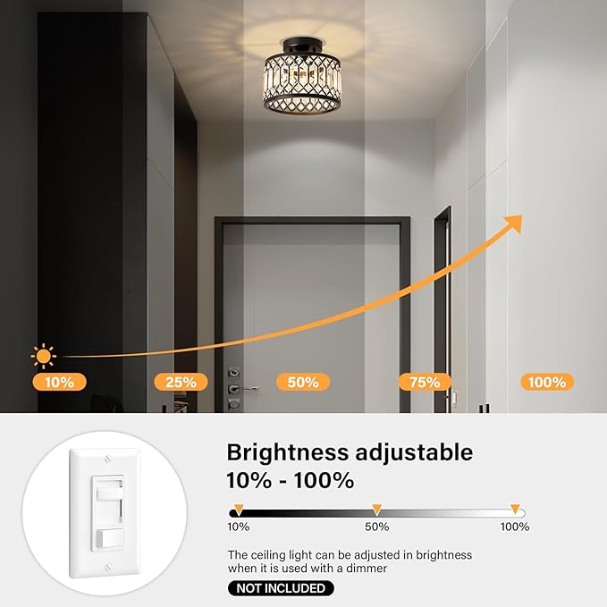 Crystal Ceiling Light Fixture, Modern Semi Flush Mount Ceiling Light, Black Lighting Fixtures Ceiling Lamp for Hallway, Kitchen, Entryway, Bedroom, Laundry Room, 9.05 Inch