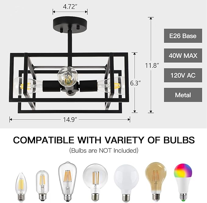 Black Ceiling Light Fixtures - 4-Light Industrial Farmhouse Flush Mount Ceiling Lighting,Vintage Metal Chandelier Ceiling Lamp for Kitchen Living Room Bedroom Hallway Laundry Entryway